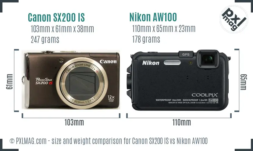 Canon SX200 IS vs Nikon AW100 size comparison