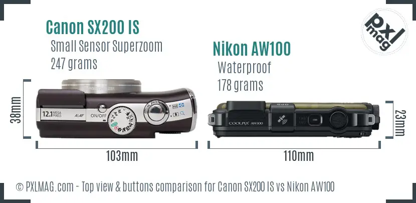 Canon SX200 IS vs Nikon AW100 top view buttons comparison