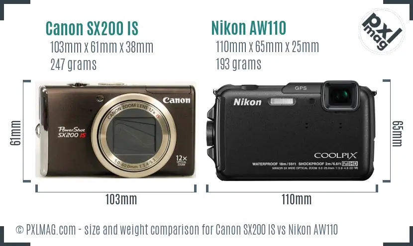Canon SX200 IS vs Nikon AW110 size comparison