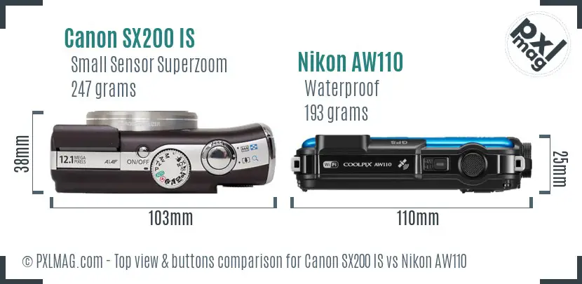 Canon SX200 IS vs Nikon AW110 top view buttons comparison