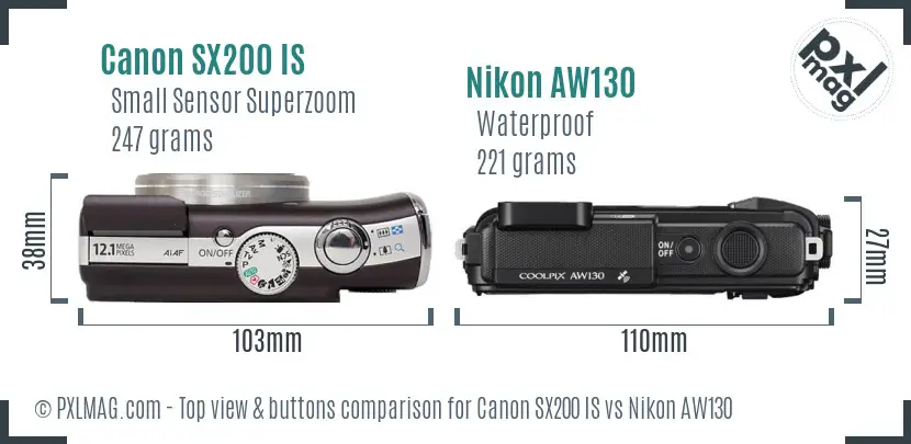 Canon SX200 IS vs Nikon AW130 top view buttons comparison Canon SX200 IS vs Nikon AW130 top view buttons comparison