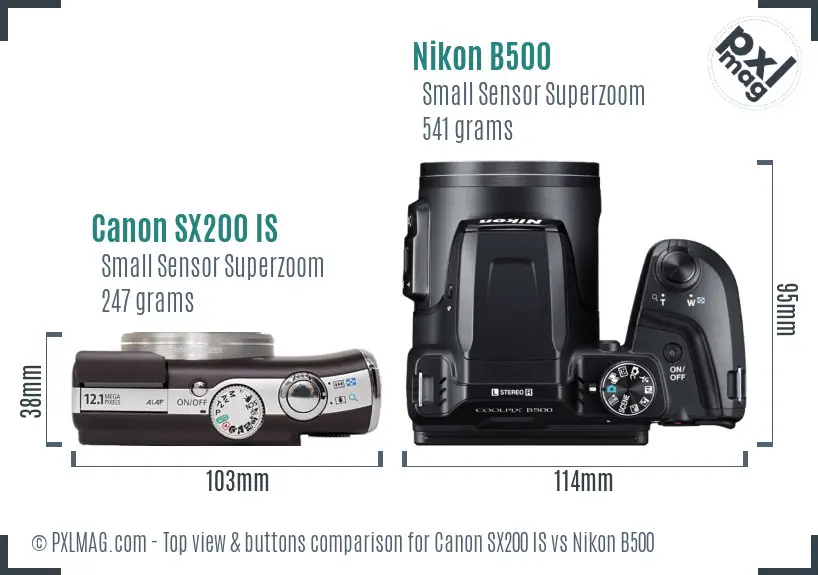 Canon SX200 IS vs Nikon B500 top view buttons comparison
