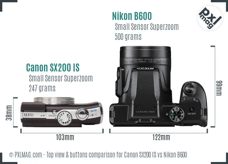 Canon SX200 IS vs Nikon B600 top view buttons comparison Canon SX200 IS vs Nikon B600 top view buttons comparison