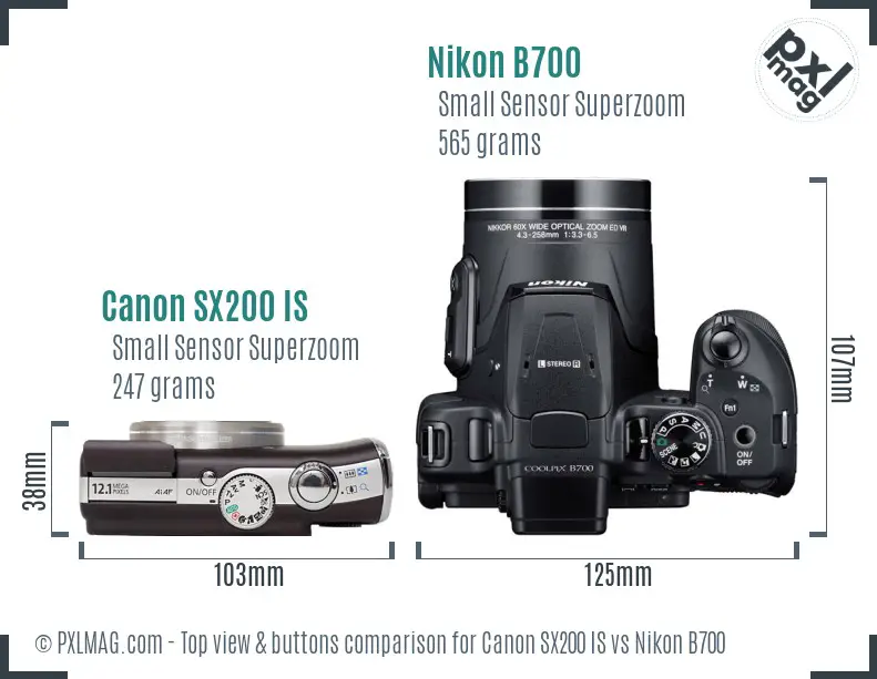 Canon SX200 IS vs Nikon B700 top view buttons comparison