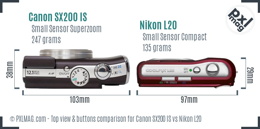 Canon SX200 IS vs Nikon L20 top view buttons comparison