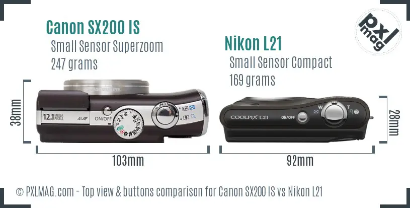 Canon SX200 IS vs Nikon L21 top view buttons comparison