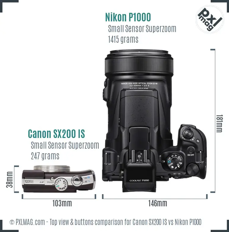 Canon SX200 IS vs Nikon P1000 top view buttons comparison