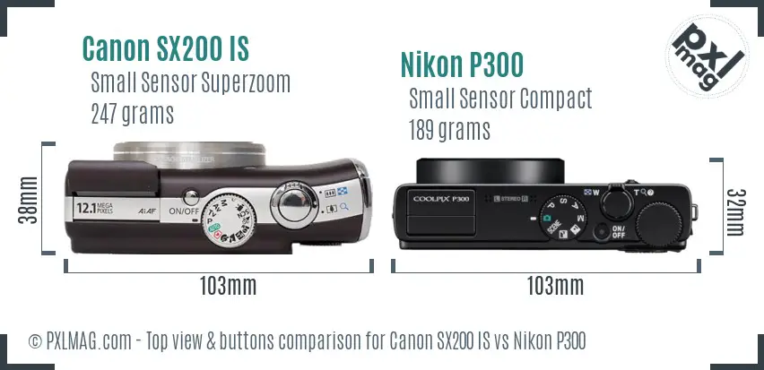 Canon SX200 IS vs Nikon P300 top view buttons comparison