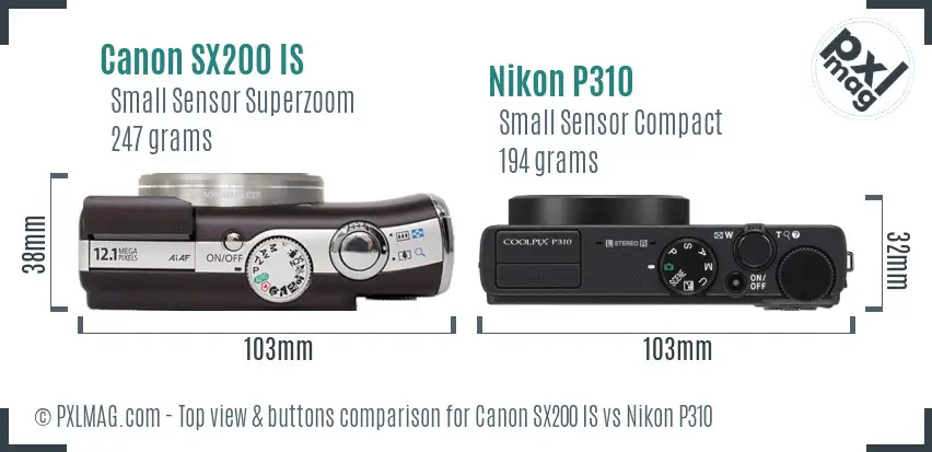 Canon SX200 IS vs Nikon P310 top view buttons comparison