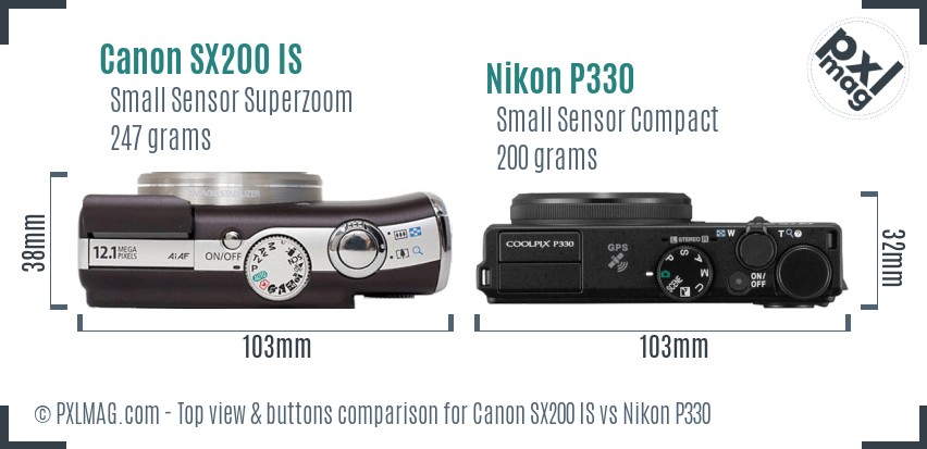 Canon SX200 IS vs Nikon P330 top view buttons comparison