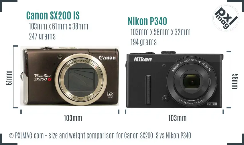 Canon SX200 IS vs Nikon P340 size comparison