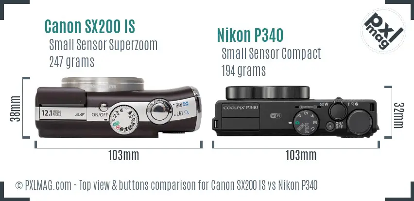 Canon SX200 IS vs Nikon P340 top view buttons comparison