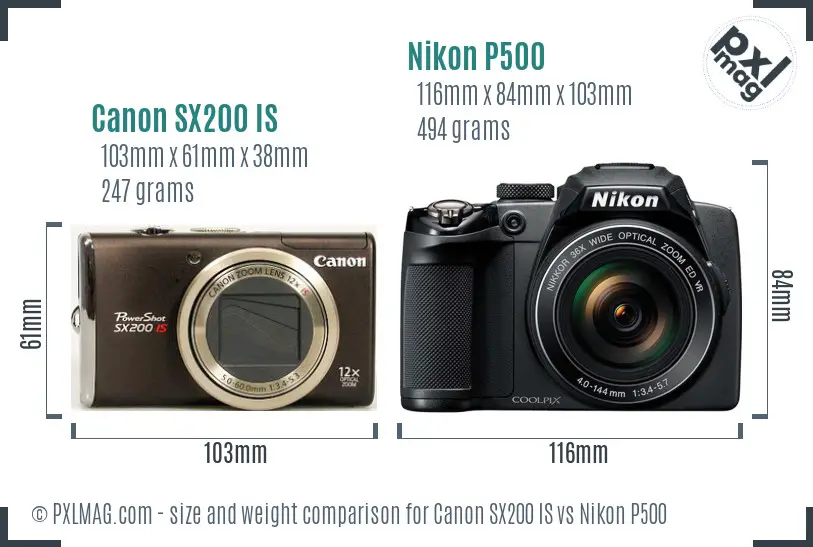 Canon SX200 IS vs Nikon P500 size comparison