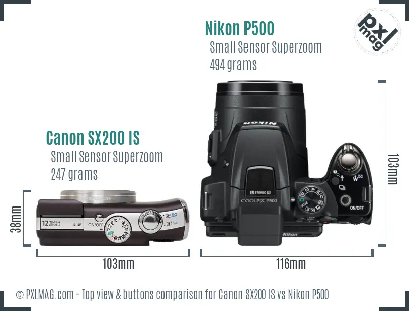 Canon SX200 IS vs Nikon P500 top view buttons comparison