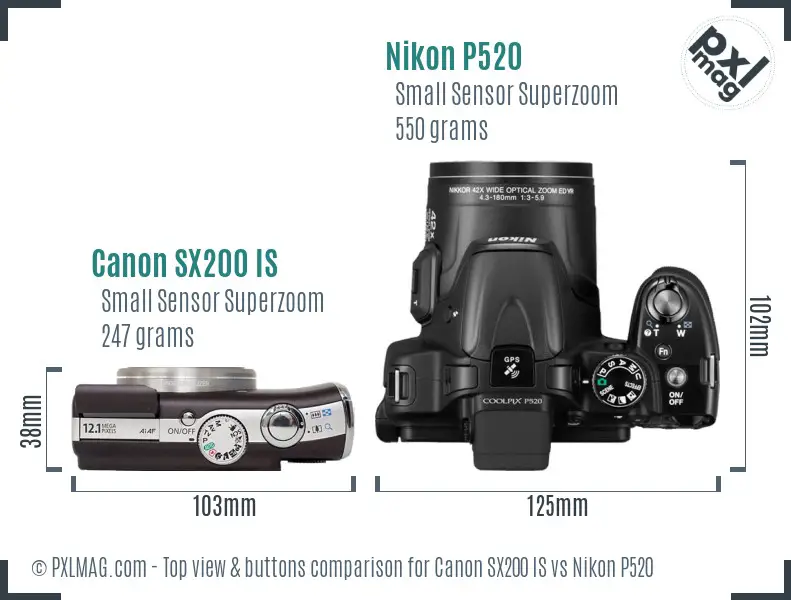 Canon SX200 IS vs Nikon P520 top view buttons comparison