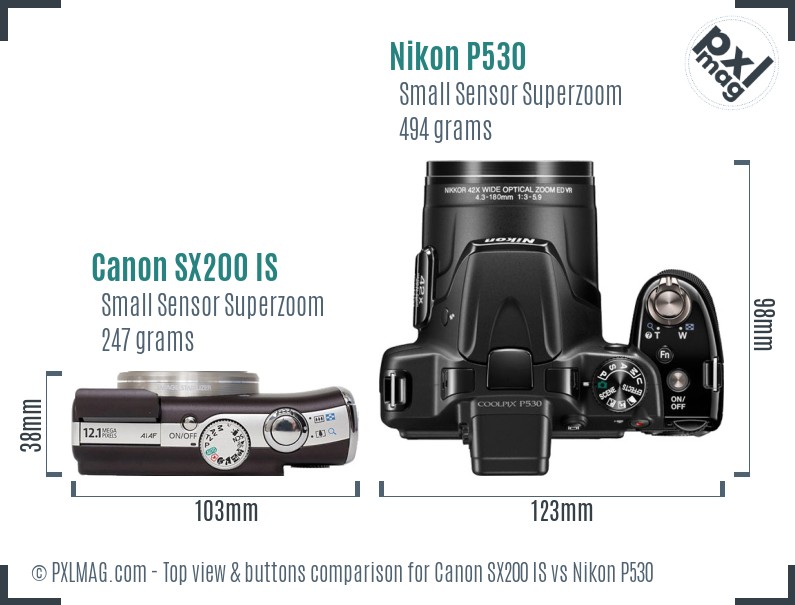 Canon SX200 IS vs Nikon P530 top view buttons comparison