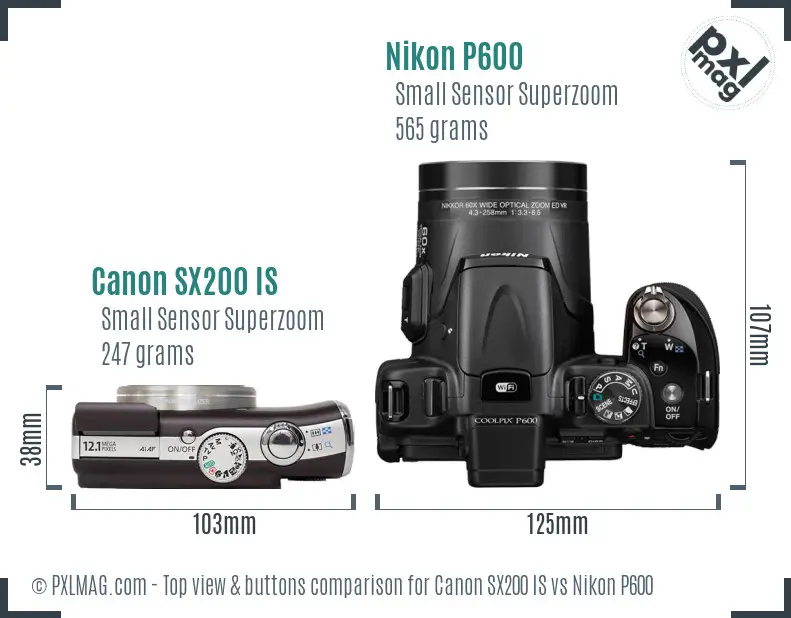 Canon SX200 IS vs Nikon P600 top view buttons comparison Canon SX200 IS vs Nikon P600 top view buttons comparison