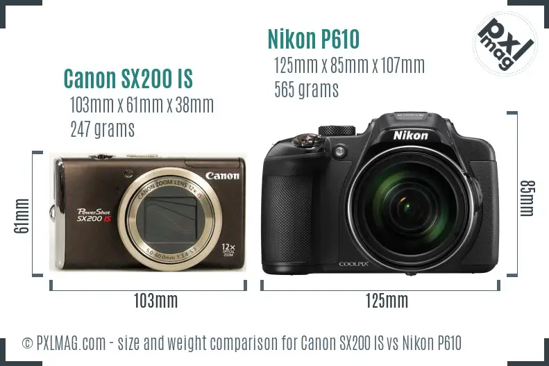 Canon SX200 IS vs Nikon P610 size comparison