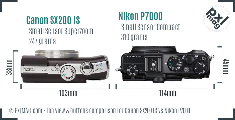 Canon SX200 IS vs Nikon P7000 top view buttons comparison