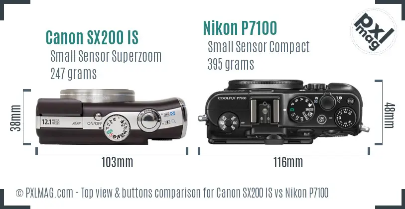 Canon SX200 IS vs Nikon P7100 top view buttons comparison