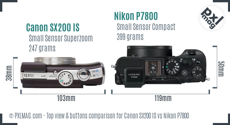 Canon SX200 IS vs Nikon P7800 top view buttons comparison