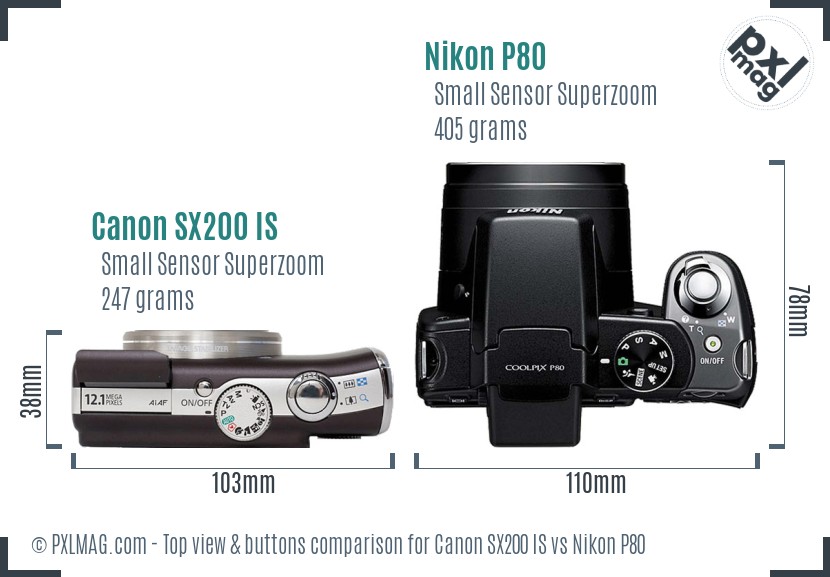 Canon SX200 IS vs Nikon P80 top view buttons comparison