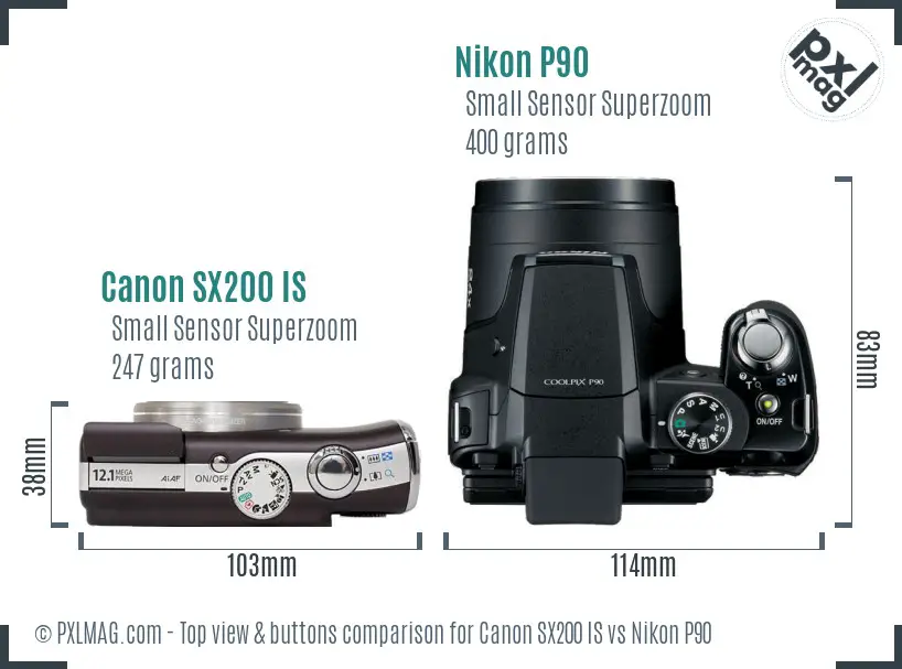 Canon SX200 IS vs Nikon P90 top view buttons comparison