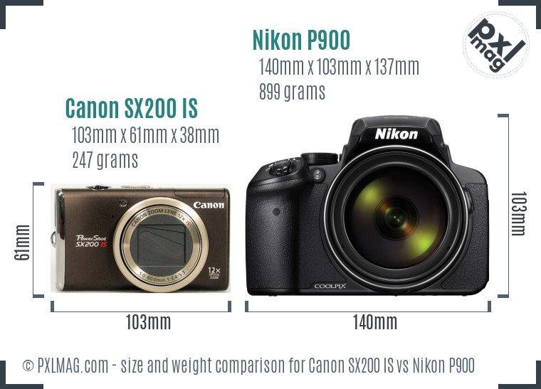 Canon SX200 IS vs Nikon P900 size comparison