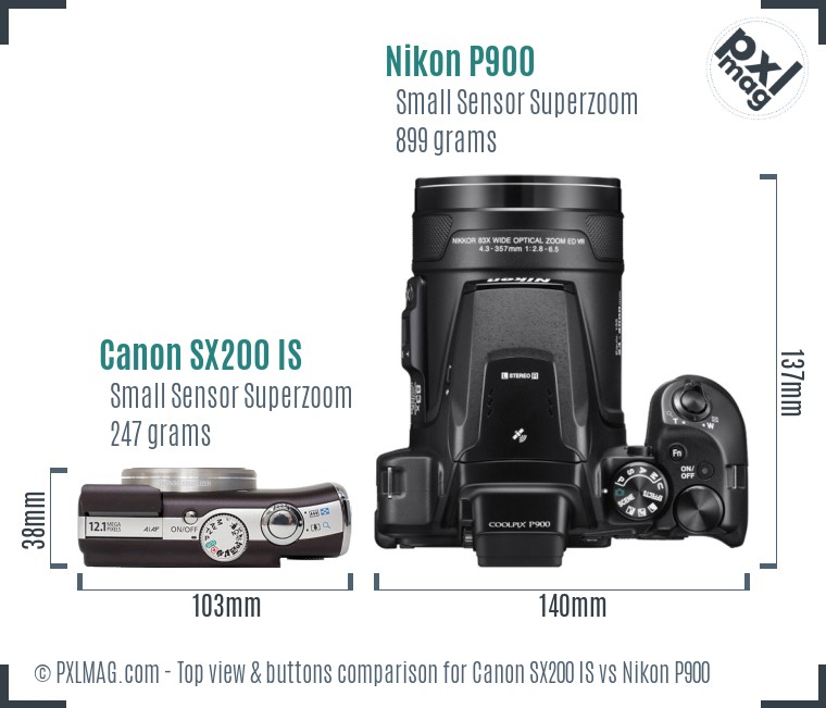 Canon SX200 IS vs Nikon P900 top view buttons comparison