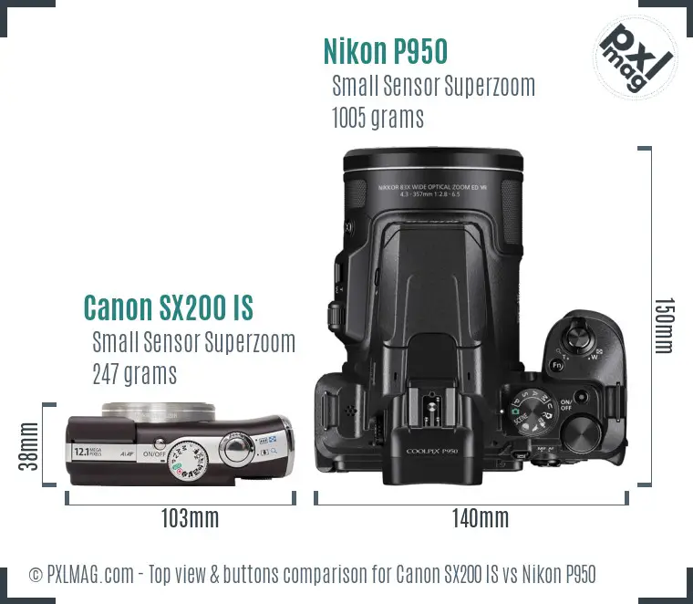 Canon SX200 IS vs Nikon P950 top view buttons comparison