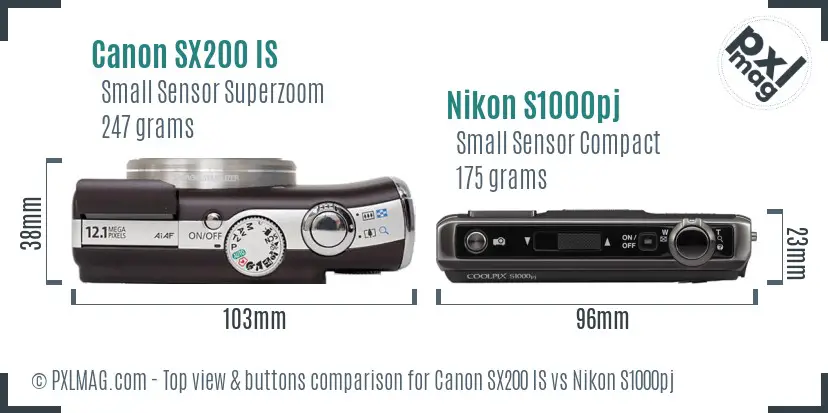 Canon SX200 IS vs Nikon S1000pj top view buttons comparison