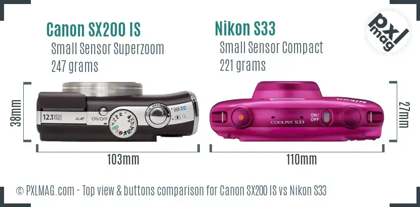 Canon SX200 IS vs Nikon S33 top view buttons comparison
