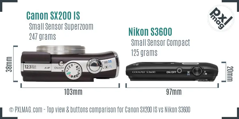 Canon SX200 IS vs Nikon S3600 top view buttons comparison
