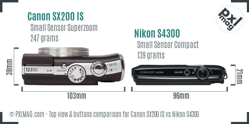 Canon SX200 IS vs Nikon S4300 top view buttons comparison
