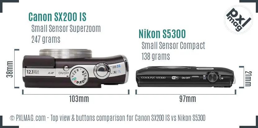 Canon SX200 IS vs Nikon S5300 top view buttons comparison