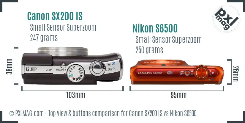 Canon SX200 IS vs Nikon S6500 top view buttons comparison