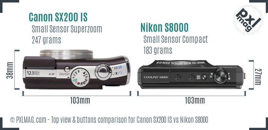 Canon SX200 IS vs Nikon S8000 top view buttons comparison