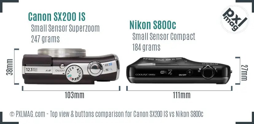 Canon SX200 IS vs Nikon S800c top view buttons comparison
