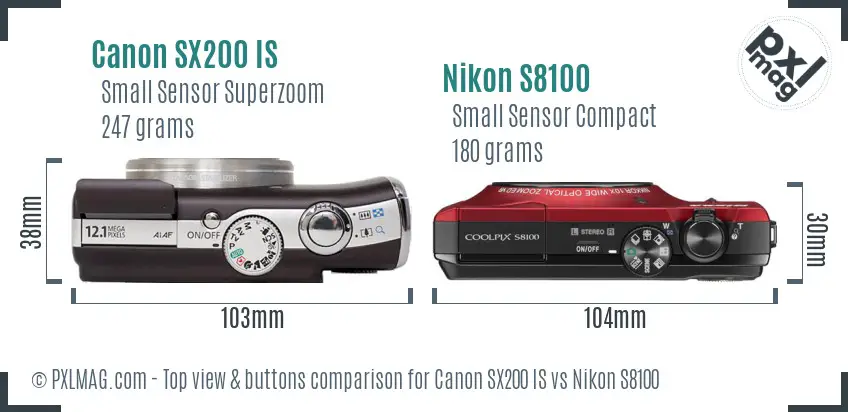 Canon SX200 IS vs Nikon S8100 top view buttons comparison