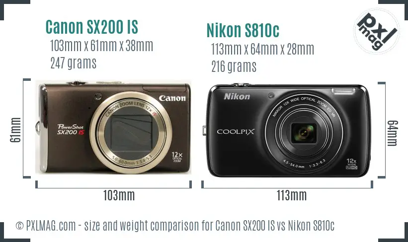 Canon SX200 IS vs Nikon S810c size comparison