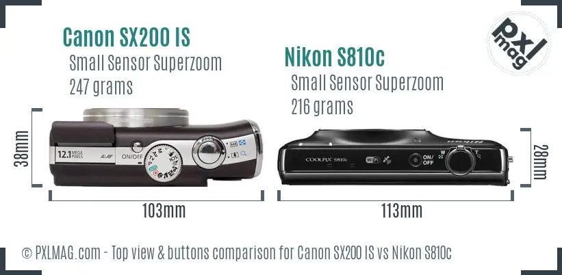 Canon SX200 IS vs Nikon S810c top view buttons comparison