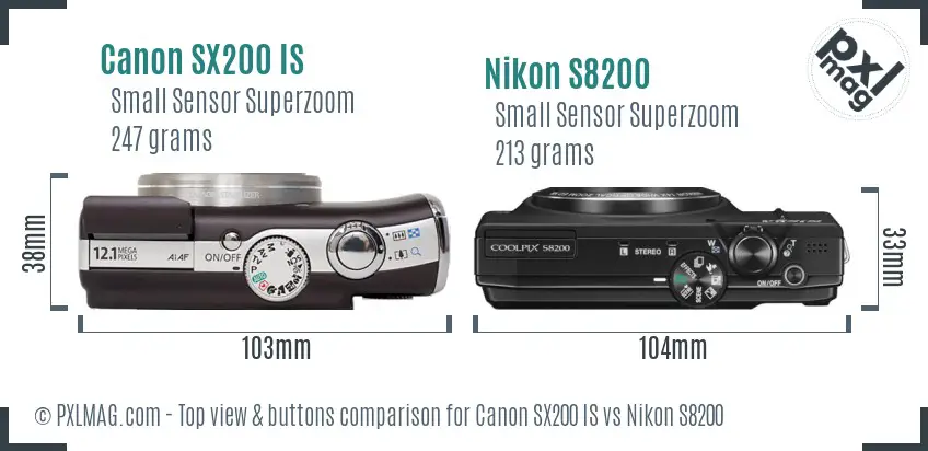 Canon SX200 IS vs Nikon S8200 top view buttons comparison