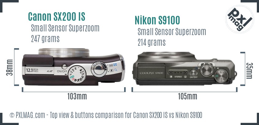 Canon SX200 IS vs Nikon S9100 top view buttons comparison