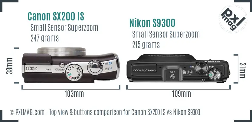 Canon SX200 IS vs Nikon S9300 top view buttons comparison