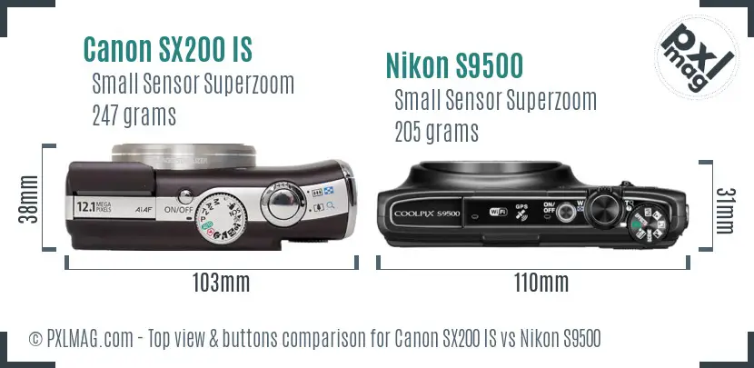 Canon SX200 IS vs Nikon S9500 top view buttons comparison