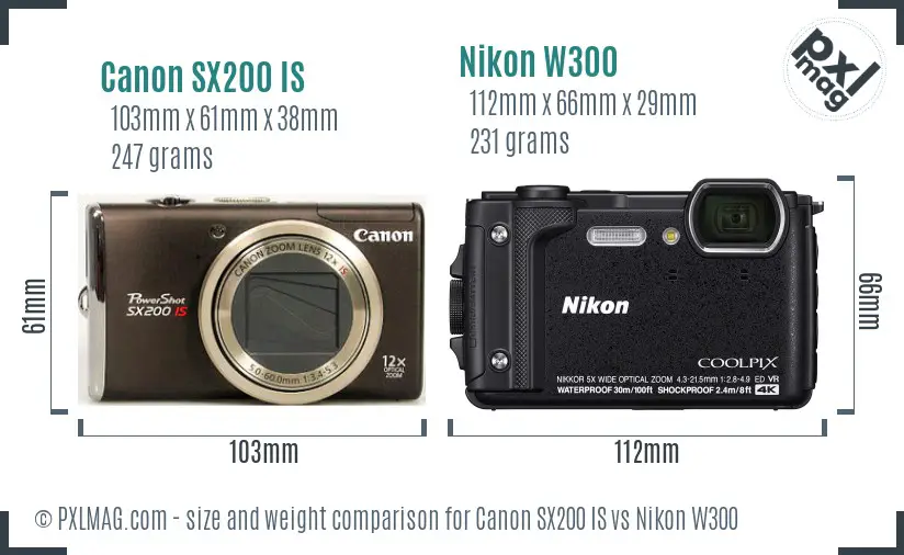 Canon SX200 IS vs Nikon W300 size comparison