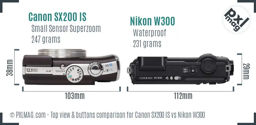 Canon SX200 IS vs Nikon W300 top view buttons comparison