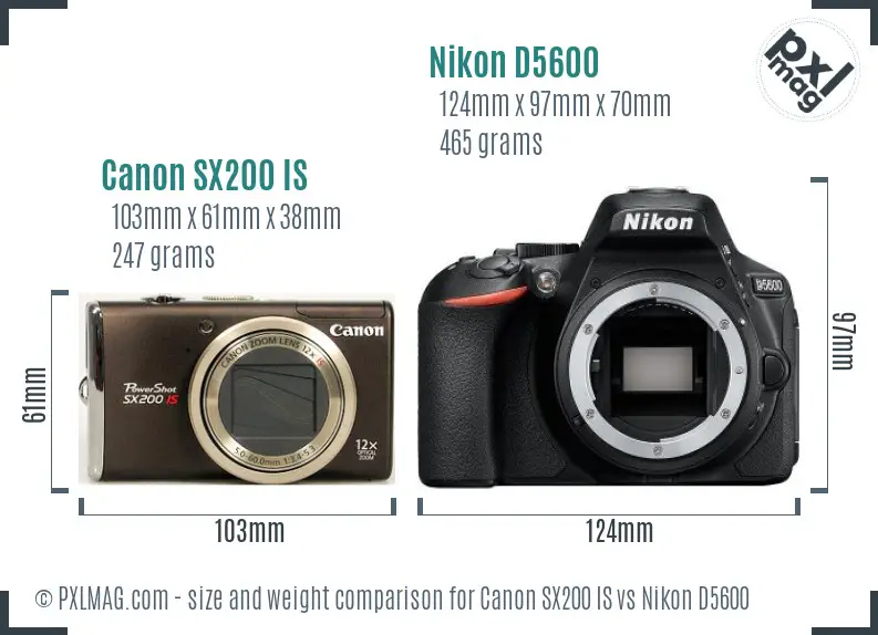 Canon SX200 IS vs Nikon D5600 size comparison