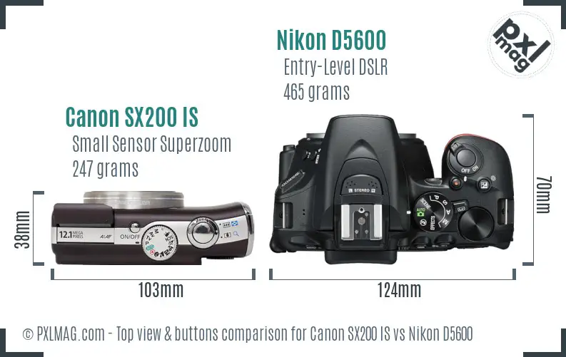 Canon SX200 IS vs Nikon D5600 top view buttons comparison