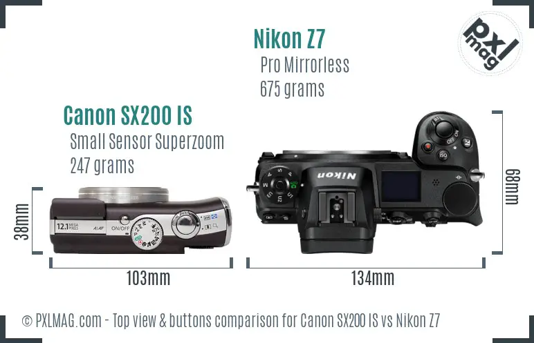 Canon SX200 IS vs Nikon Z7 top view buttons comparison